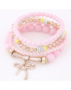 Korean Fashion Multi-layer Assorted Beads with Metallic Bowknot Bracelet - Pink