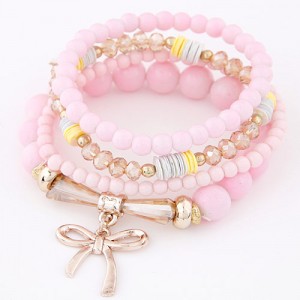 Korean Fashion Multi-layer Assorted Beads with Metallic Bowknot Bracelet - Pink