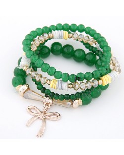 Korean Fashion Multi-layer Assorted Beads with Metallic Bowknot Bracelet - Green