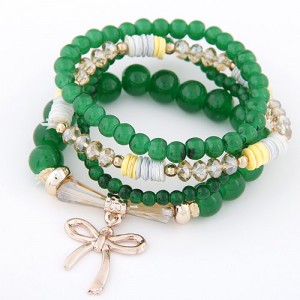 Korean Fashion Multi-layer Assorted Beads with Metallic Bowknot Bracelet - Green