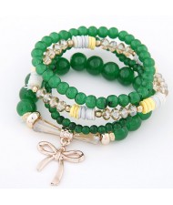 Korean Fashion Multi-layer Assorted Beads with Metallic Bowknot Bracelet - Green