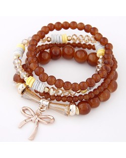 Korean Fashion Multi-layer Assorted Beads with Metallic Bowknot Bracelet - Brown