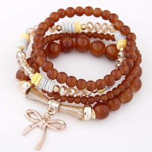 Korean Fashion Multi-layer Assorted Beads with Metallic Bowknot Bracelet - Brown