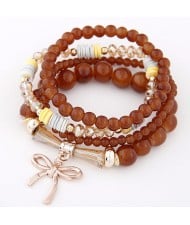Korean Fashion Multi-layer Assorted Beads with Metallic Bowknot Bracelet - Brown