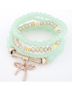 Korean Fashion Multi-layer Assorted Beads with Metallic Bowknot Bracelet - Light Green