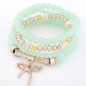 Korean Fashion Multi-layer Assorted Beads with Metallic Bowknot Bracelet - Light Green