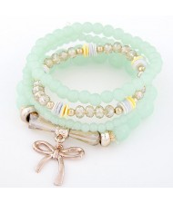 Korean Fashion Multi-layer Assorted Beads with Metallic Bowknot Bracelet - Light Green