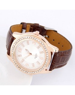 Simple Office Lady Fashion Rhinestones Decorated Artificial Leather Wrist Watch - Brown