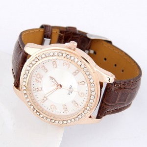 Simple Office Lady Fashion Rhinestones Decorated Artificial Leather Wrist Watch - Brown
