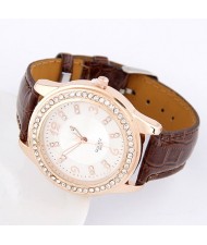 Simple Office Lady Fashion Rhinestones Decorated Artificial Leather Wrist Watch - Brown