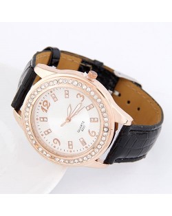 Simple Office Lady Fashion Rhinestones Decorated Artificial Leather Wrist Watch - Black