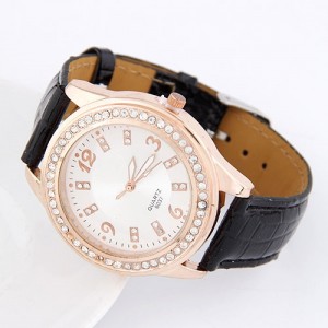 Simple Office Lady Fashion Rhinestones Decorated Artificial Leather Wrist Watch - Black