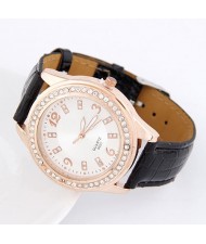 Simple Office Lady Fashion Rhinestones Decorated Artificial Leather Wrist Watch - Black