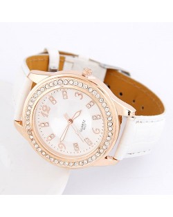 Simple Office Lady Fashion Rhinestones Decorated Artificial Leather Wrist Watch - White