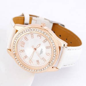 Simple Office Lady Fashion Rhinestones Decorated Artificial Leather Wrist Watch - White
