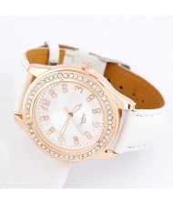 Simple Office Lady Fashion Rhinestones Decorated Artificial Leather Wrist Watch - White