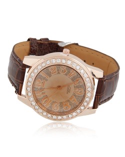 Casual Fashion Rhinestones Decorated Round Dial Wrist Watch - Brown
