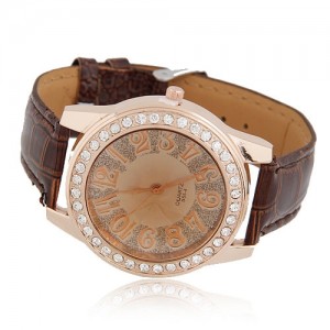 Casual Fashion Rhinestones Decorated Round Dial Wrist Watch - Brown