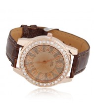 Casual Fashion Rhinestones Decorated Round Dial Wrist Watch - Brown