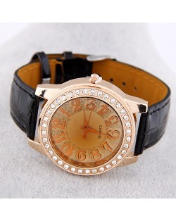 Casual Fashion Rhinestones Decorated Round Dial Wrist Watch - Black