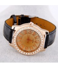 Casual Fashion Rhinestones Decorated Round Dial Wrist Watch - Black