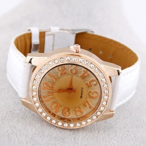 Casual Fashion Rhinestones Decorated Round Dial Wrist Watch - White