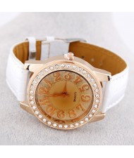Casual Fashion Rhinestones Decorated Round Dial Wrist Watch - White
