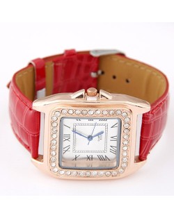 Rhinestones Inlaid Square Dial Artificial Leather Wrist Watch - Red