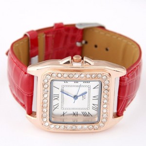 Rhinestones Inlaid Square Dial Artificial Leather Wrist Watch - Red