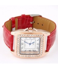 Rhinestones Inlaid Square Dial Artificial Leather Wrist Watch - Red