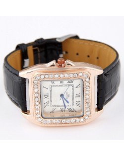 Rhinestones Inlaid Square Dial Artificial Leather Wrist Watch - Black