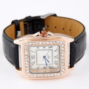Rhinestones Inlaid Square Dial Artificial Leather Wrist Watch - Black