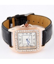 Rhinestones Inlaid Square Dial Artificial Leather Wrist Watch - Black