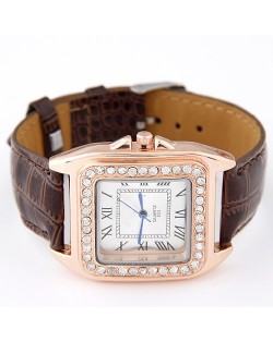 Rhinestones Inlaid Square Dial Artificial Leather Wrist Watch - Brown