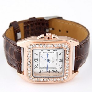 Rhinestones Inlaid Square Dial Artificial Leather Wrist Watch - Brown