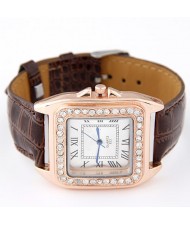 Rhinestones Inlaid Square Dial Artificial Leather Wrist Watch - Brown