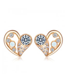 Adorable Twin Hearts Austrian Crystal Champagne Gold Ear Studs - Transparent
