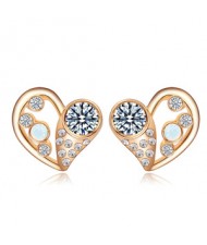 Adorable Twin Hearts Austrian Crystal Champagne Gold Ear Studs - Transparent
