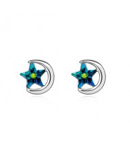 Clinging Moon and Star Design Austrian Crystal Earrings - Blue