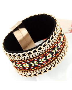 Rhinestone and Golden Chain Decorated with Ethnic Floral Pattern Magnet Bangle