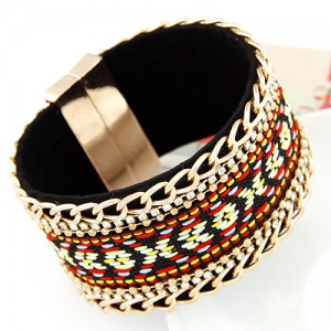 Rhinestone and Golden Chain Decorated with Ethnic Floral Pattern Magnet Bangle