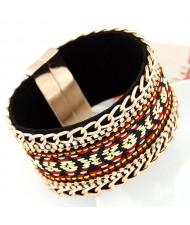 Rhinestone and Golden Chain Decorated with Ethnic Floral Pattern Magnet Bangle