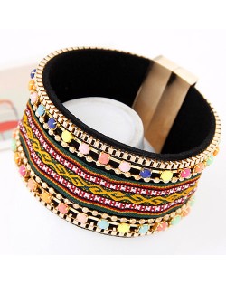 Various Color Gems Decorated with Ethnic Floral Pattern Magnet Bangle