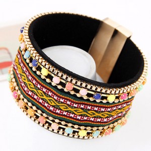 Various Color Gems Decorated with Ethnic Floral Pattern Magnet Bangle