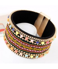 Various Color Gems Decorated with Ethnic Floral Pattern Magnet Bangle