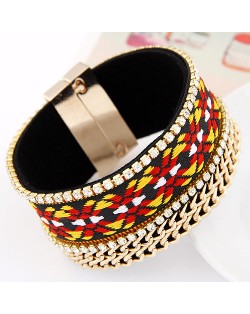 Rhinestones and Golden Chains with Abstract Flowers Pattern Magnet Bangle