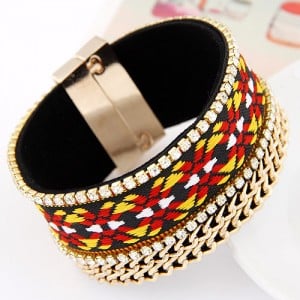 Rhinestones and Golden Chains with Abstract Flowers Pattern Magnet Bangle