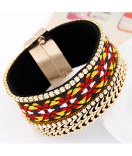 Rhinestones and Golden Chains with Abstract Flowers Pattern Magnet Bangle