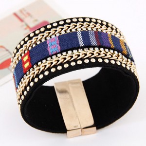 Multiple Rows Rivets Chains and Rhinestones with Colorful Cloth Magnet Bangle