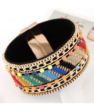 Dual Rows Colorful Gems with Multiple Gradiant Colors Cloth Pattern Magnet Bangle